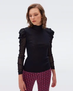 Diane Von Furstenberg Remy Sheer Puff Sleeves Top
