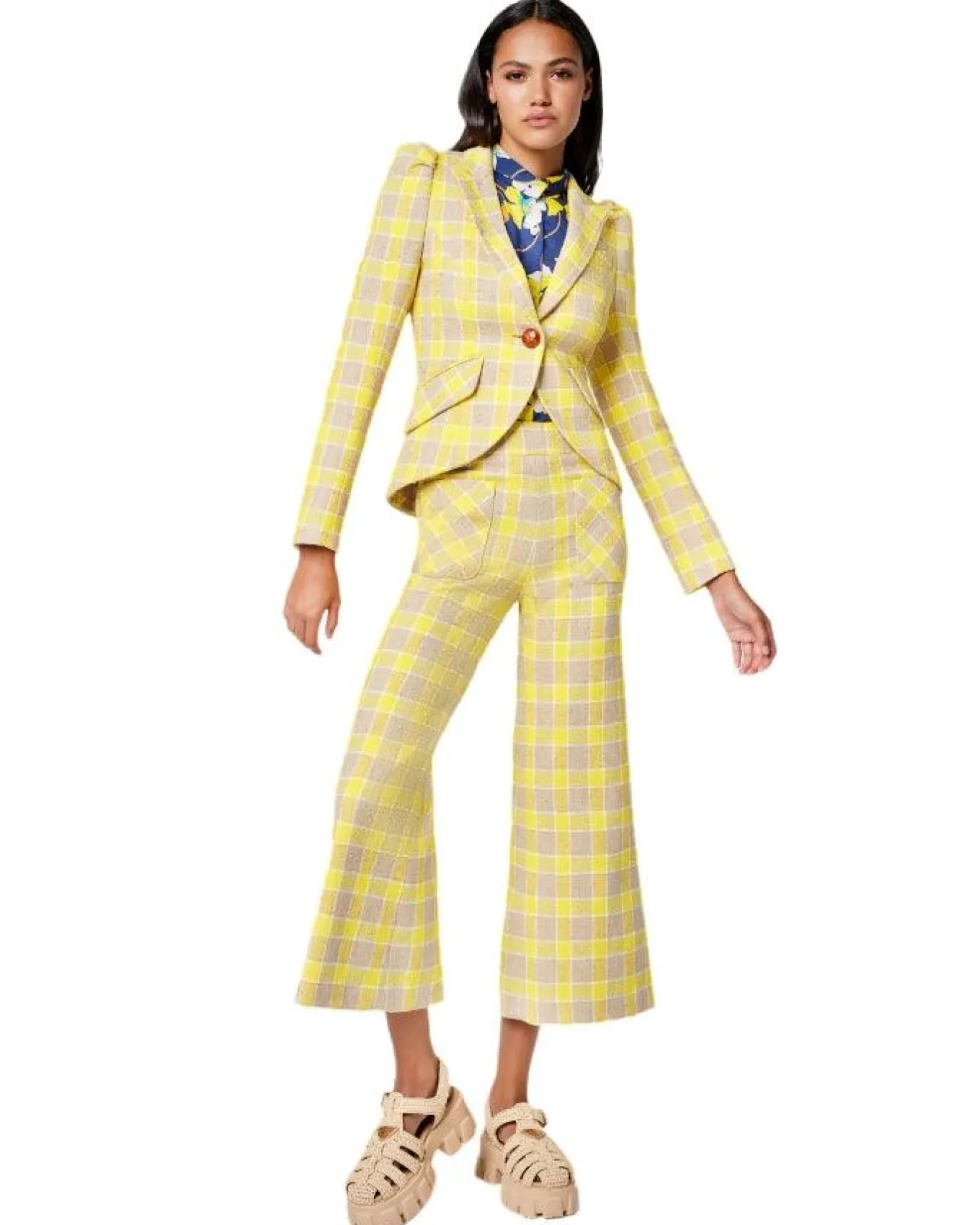 Smythe Pouf Sleeve One Button Blazer Yellow Check