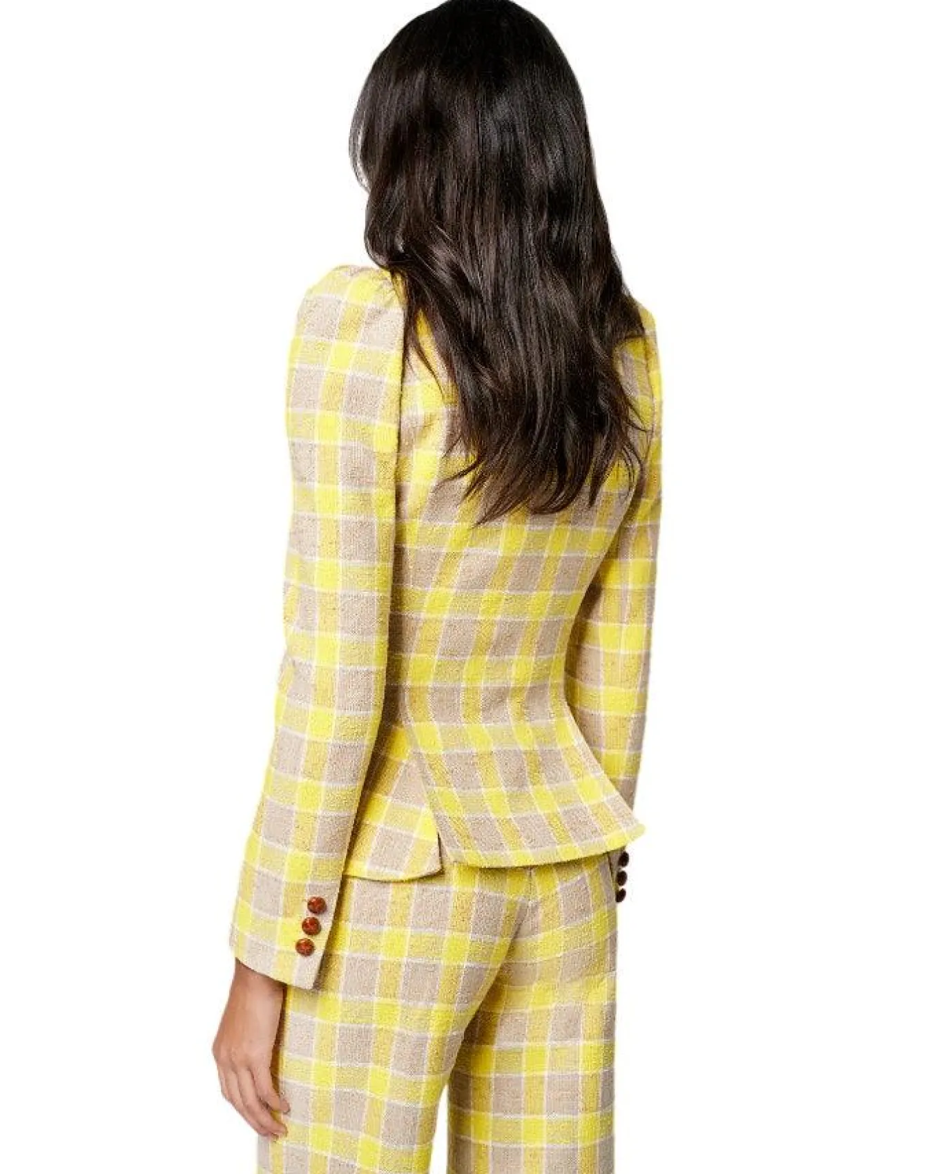 Smythe Pouf Sleeve One Button Blazer Yellow Check